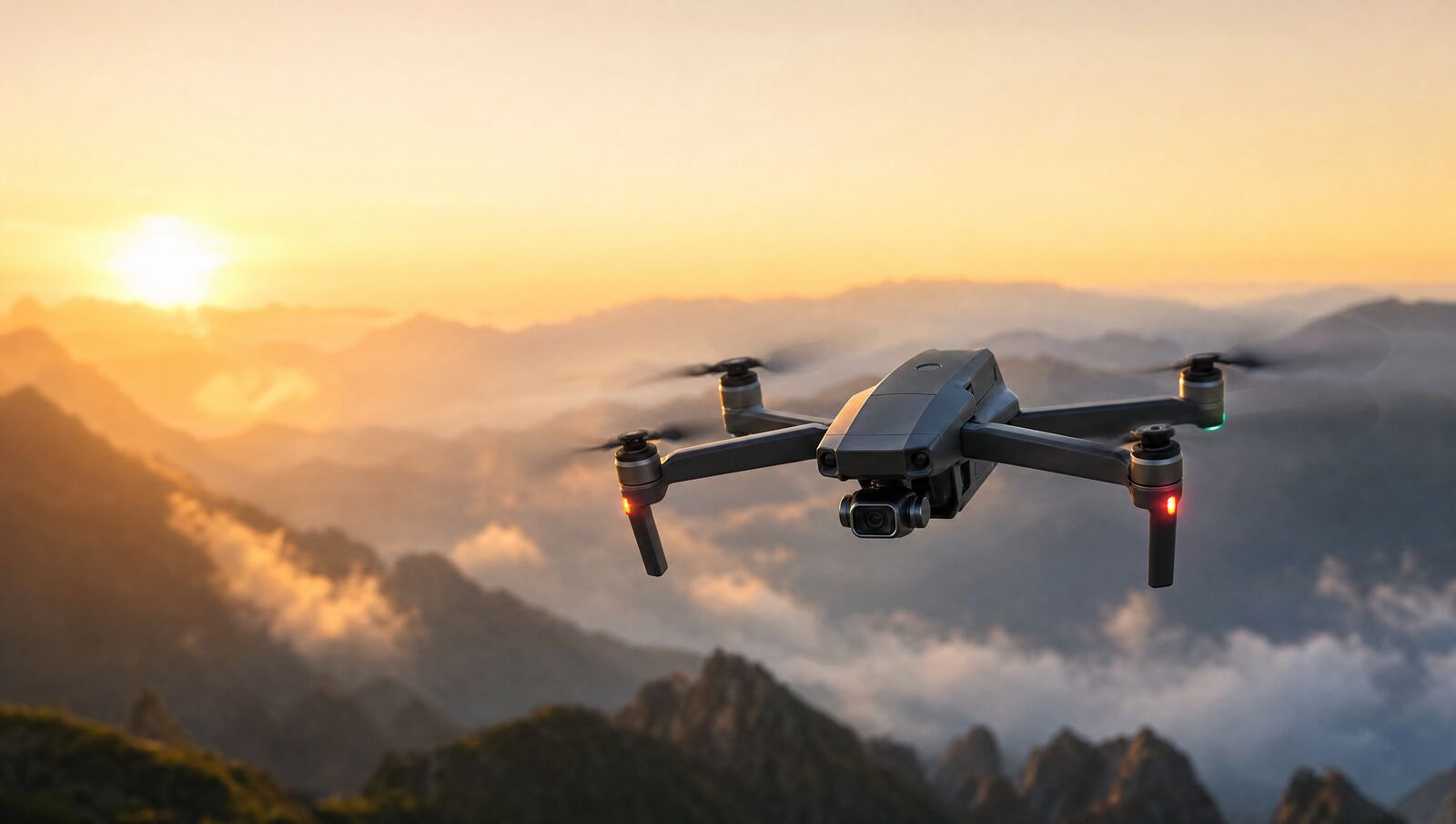 Compact camera drone hovering over misty mountain ridges at golden hour